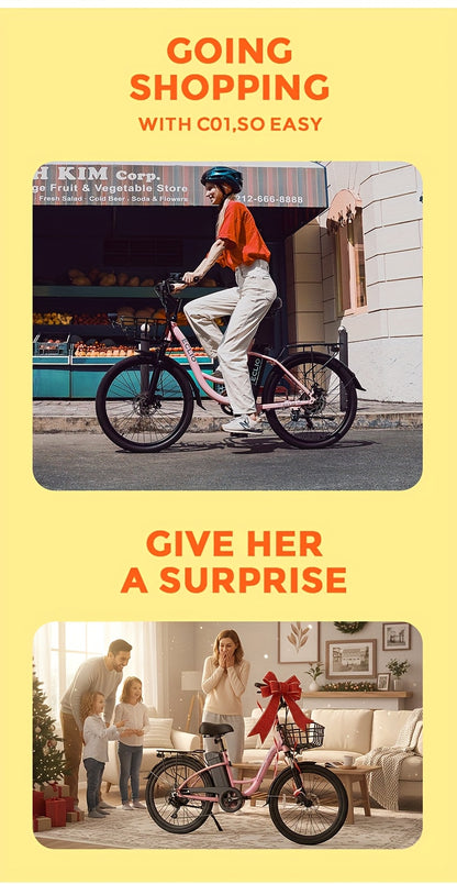 Sakura Pink Electric Bike for Adults, 500W Motor 7-Speed Commuter Ebike with 36V/10.4Ah Removable Battery, 20 MPH & 25-40 Miles Range, 24 Inch Electric Bike, Beach Cruiser Ebike for Women, Students & Commuters, Electric Bike
