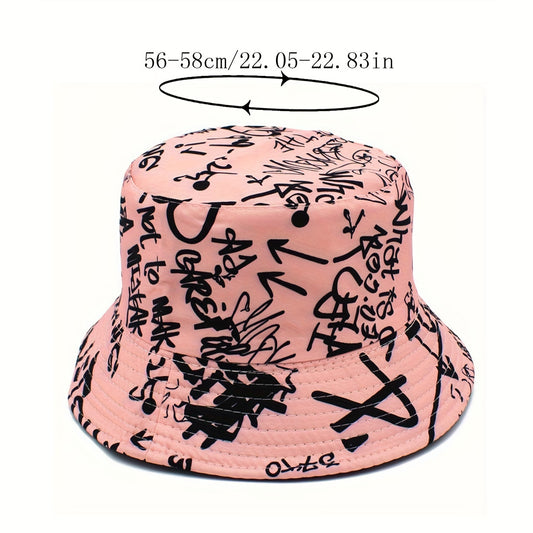 Unisex Lightweight Fisherman Bucket Hat with Graffiti Letter Print - Adjustable Hat for Outdoor Travel, Beach & Casual Wear, Black & White, Beach Hat, Stylish, Urban Streetwear, Fabric Construction