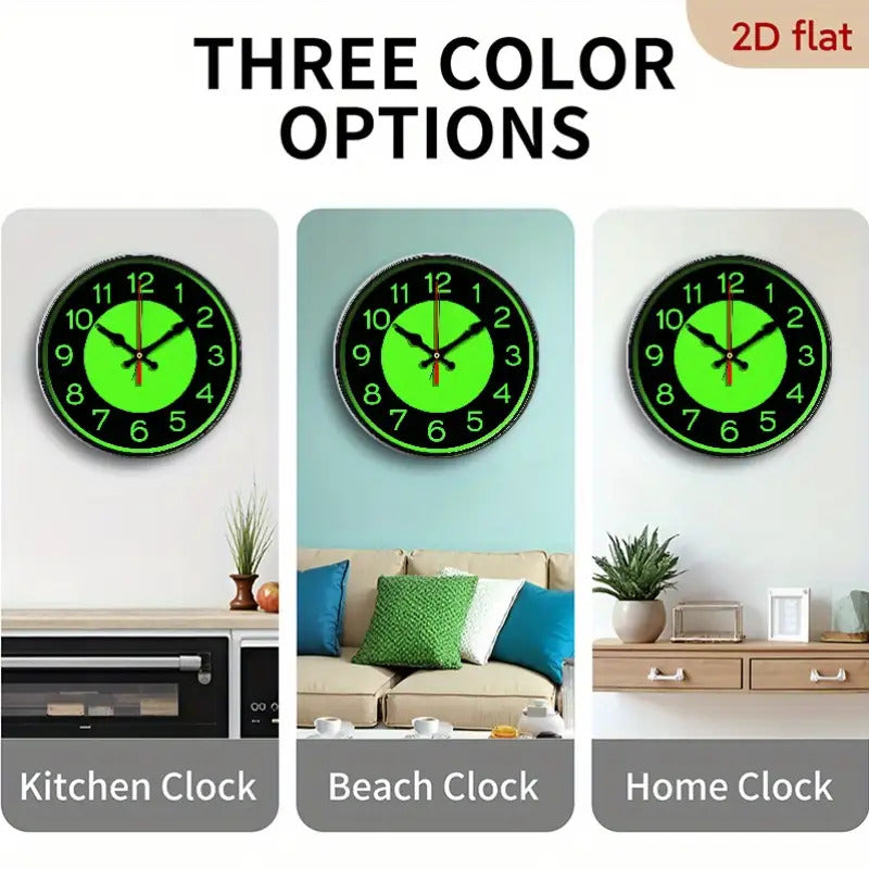 12 Inch Neon Green Glow-in-the-Dark Wall Clock - Retro Modern Minimalist Design with Large Easy-to-Read Numbers, Silent Non-Ticking Battery Operated, Wood Frame & Hands - Ideal for Living Room, Bedroom, Kitchen, Office - AA B