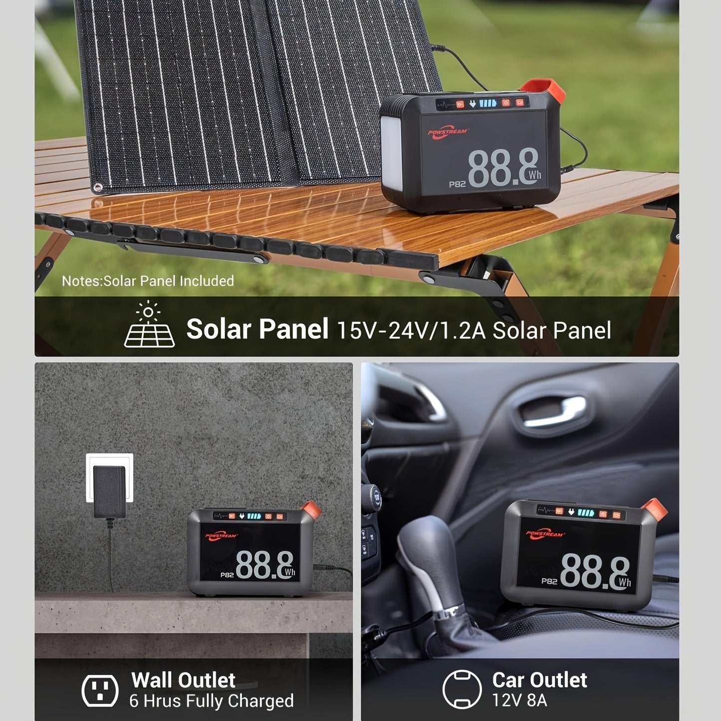 POWSTREAM 88.8Wh/237Wh Portable Power Station With AC Outlet 80W, 24000mAh Solar Generator With Panel 21W/60W Included, Solar Powered Power Bank For Outdoor Camping Adventure Home Backup Emergency RVs