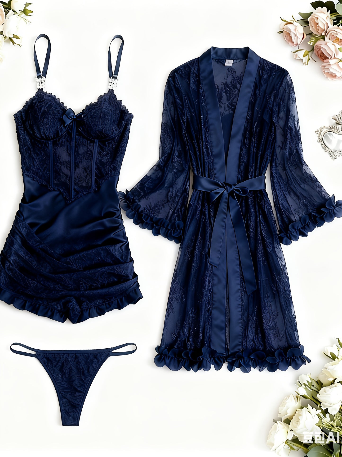 Three-piece Lace Nightdress Set for Women | Pajamas with Robe and Thong, Satin, V-neck, Beaded Details, Elegant Style