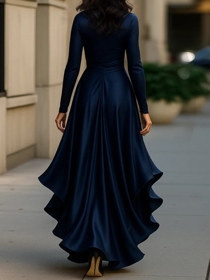 Women'S Navy Satin Ruffled V-Neck Maxi Dress | A Chic And Sophisticated Design, Ideal for Formal Events Such As Dinners And Celebrations.