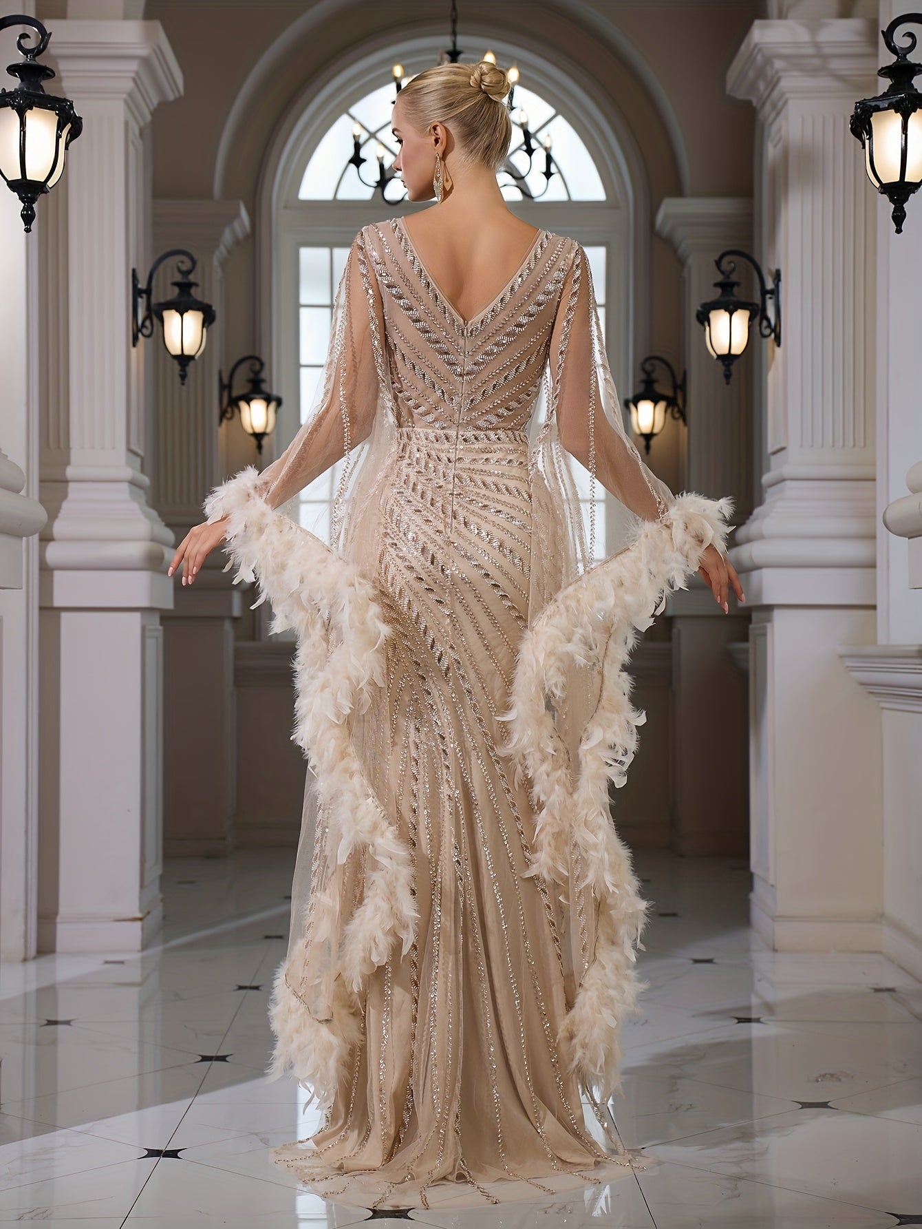 Sequined Lace V-neck Flared Long Sleeve Elegant Sexy Bodycon Mermaid Evening Gown