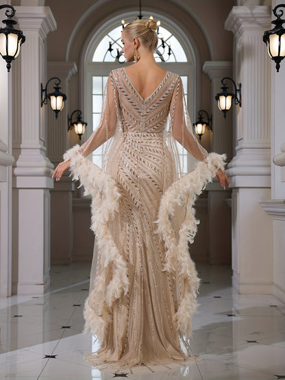 Sequined Lace V-neck Flared Long Sleeve Elegant Sexy Bodycon Mermaid Evening Gown