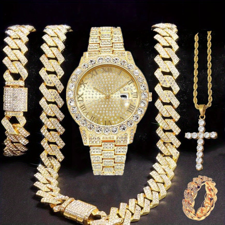 5pcs Hip Hop Men Watch Cuban Link Chain Set 15mm Necklace +Watch+Bracelet+Ring Creative Iced Out Stylish Jewelry For Women Men -The Perfect Gift For Father'S Day, Valentine'S Day, Easter, Birthdays, Christmas Gift