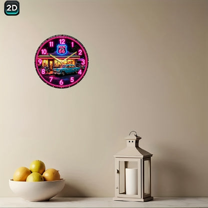 1PC 10/12-inch turquoise car and Route OG logo design wall clock - Round wooden decorative clock, silent non-ticking, powered by AA battery (AA battery not included), perfect for kitchen, living room, cafe and home decoration