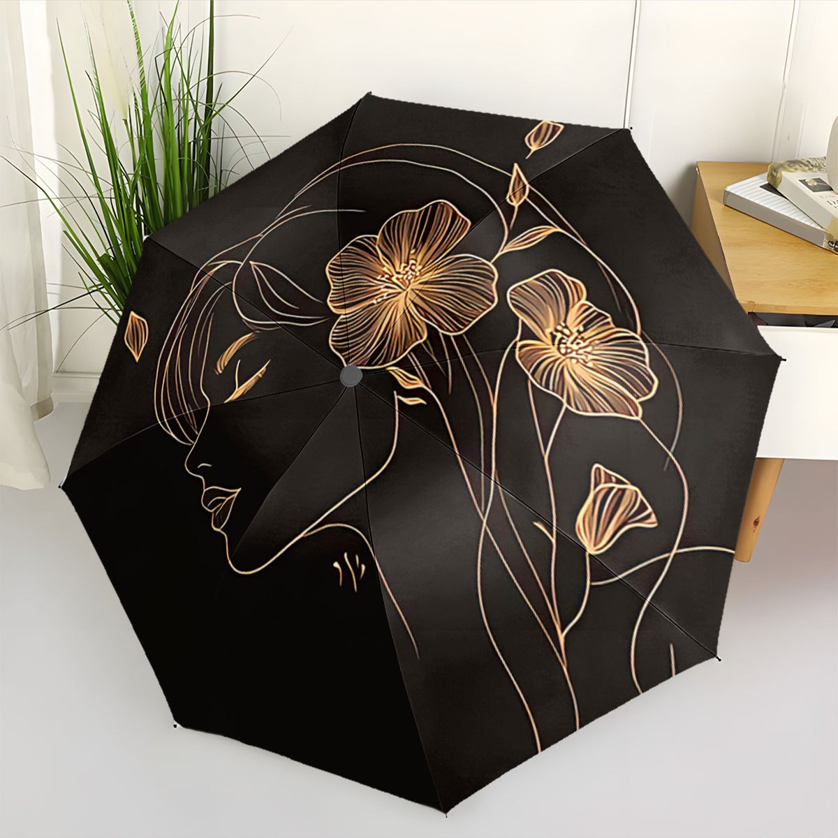 Women'S Automatic Open/Close Umbrella - Elegant Black & Golden Floral design, Compact Folding Umbrella with Minimalist Line Art Profile, Travel, Everyday, Formal Events - Ideal Gift for Women, Outdoor Accessory, Stylish Acces