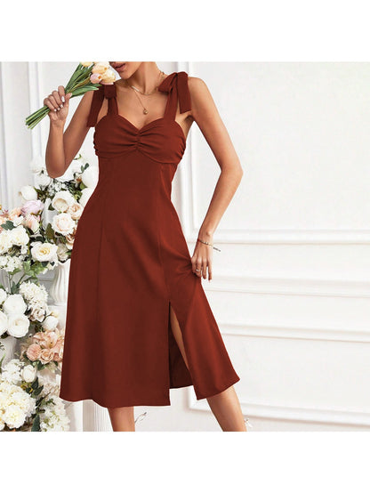 Line -Neck Shimmer Midi Dress - Front Ruching & Side Slit Waist-Defining Dress Suitable for Date Night, Spring/Summer Wedding Guest Dress - Machine Washable Solid Color Elegant Dress