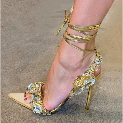 Women'S Rhinestone-Adorned Cross Strap Open-Toe High Heel Sandals - Ultra-High Stiletto Heels, PU Cover Upper & Lining, European & American Style Elegant Party & Formal Dress Shoes with Cushioned Insole, Durable Rubber Sole -