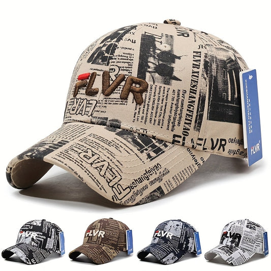 Vintage Newspaper Print & FLVR Letter Embellished Baseball Cap - Adjustable Snapback, Lightweight Breathable Unisex Sports Hat with 3D Embroidery, Moisture-Wicking for Outdoor, Travel, Casual & Valentine'S Day - Retro Gift fo
