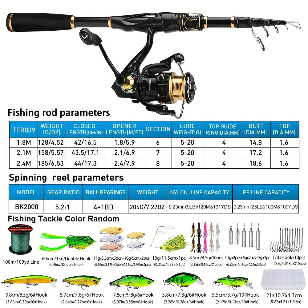 PROBEROS Fishing Rod Reel Combo Kit -Spinning Reel, 1.8m-2.4m/5.9ft-7.9ft Pole, Line, Lure, Hooks - Full Set with Storage Bag