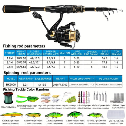 PROBEROS Fishing Rod Reel Combo Kit -Spinning Reel, 1.8m-2.4m/5.9ft-7.9ft Pole, Line, Lure, Hooks - Full Set with Storage Bag