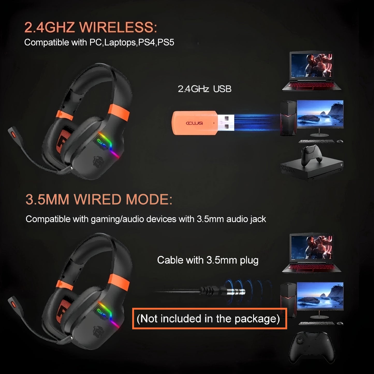 Colusi Gaming Headset with Detachable Mic, 2.4G Wireless USB Gamer Headphones with Mic for PS4PS5/Laptop/PC/Mac, Bass Surround, Suitable for Travel, Work, E-Sports Games, Music Various Scenarios, Work Headphones, Gaming Headp