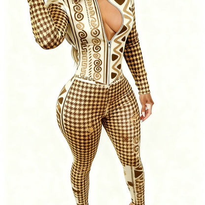 Women'S 4-Season Long Sleeve Jumpsuit | Zipper Design, Lightweight Style with Cute Animal Print, Perfect for Daily Outings & Casual Wear