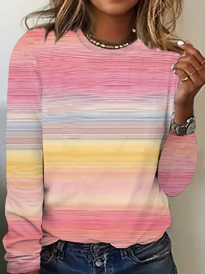 Women'S Pastel Pink to Yellow Gradient Long Sleeve T-Shirt - Soft Everyday Blouse, Machine Washable Round Neck Top for Spring/Fall Transitional Weather, Office, Lounge & Casual Outfits - Women'S Clothing, Ladies T Shirts, Spr
