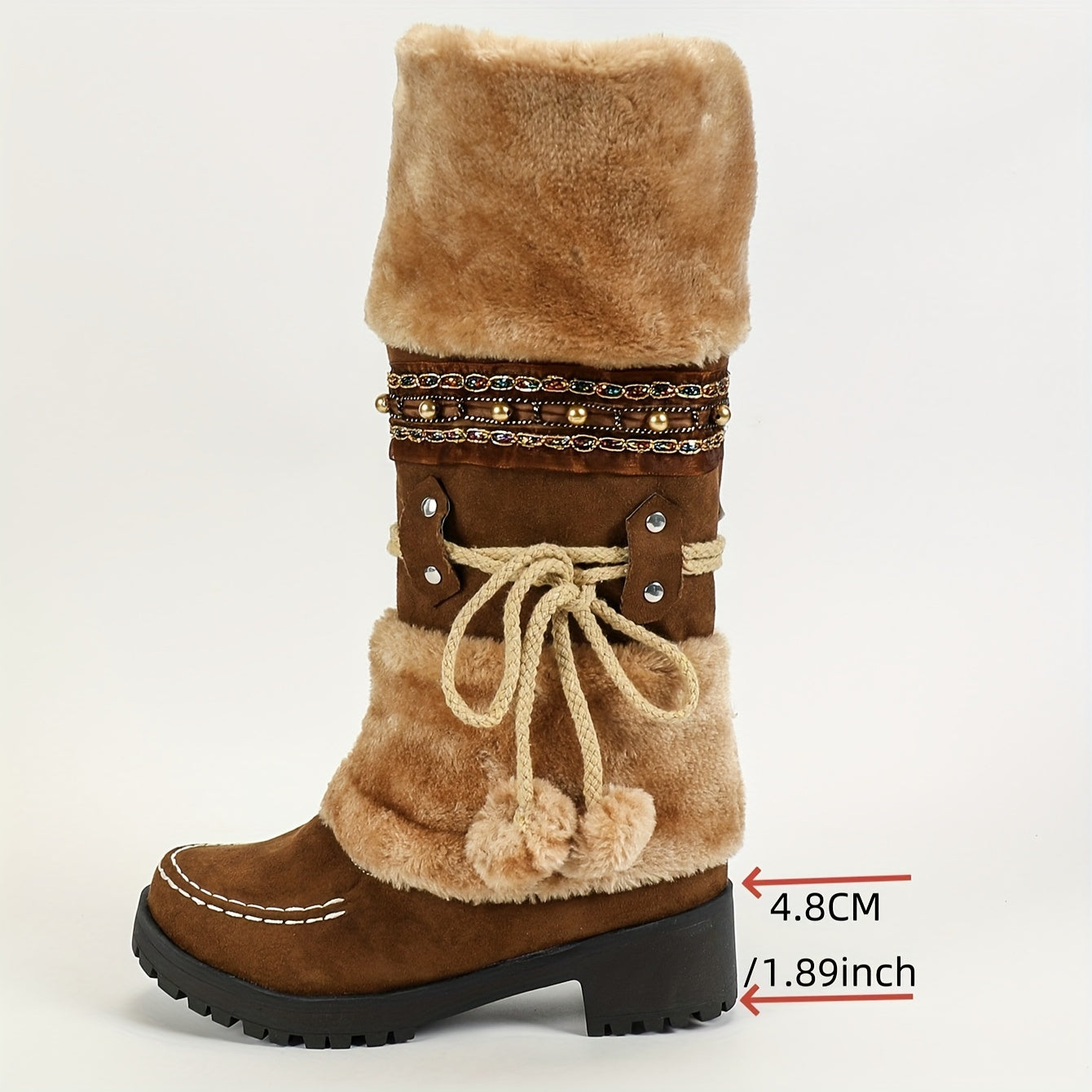 Ethnic Cowboy Boots for Men - Women's Mid-Calf Boots - High Heel Ankle Boots with Faux Fur Lining - Autumn and Winter