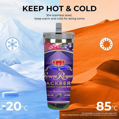 1pc 30oz Stainless Steel Insulated Tumbler with Lid & Straw - Crown Royal Blackberry Flavored Whiskey Art Design, Double-Wall Vacuum Insulation Keeps Drinks Hot/Cold, Perfect for Coffee, Tea, Cold Beverages, Outdoor Camping,
