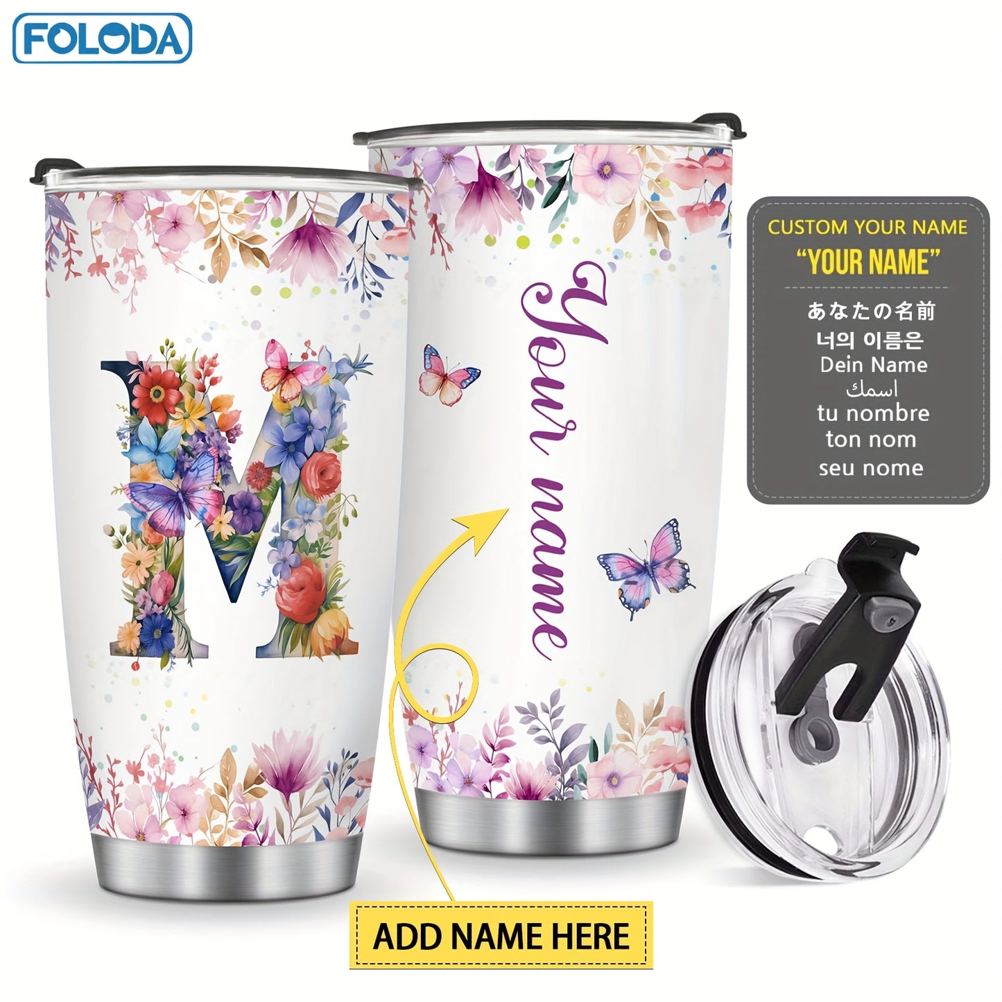 Foloda 1pc Personalized Flower Initials Tumbler Christmas Gift 20oz Mug with Letter Flower Butterfly, Travel Cup for Wedding Birthday Graduation Party, Birthday Valentine's Day Mother's Day Gifts Stainless Steel Mug with Lid
