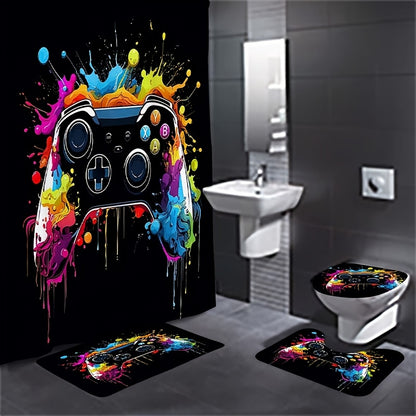 1/4pcs Game Controller Pattern Shower Curtain Four Piece Set, Including Waterproof Shower Curtain, Anti Slip Floor Mat, Toilet Seat Cover, And U-shaped Mat Shower Curtain Set, Twelve Hooks, Bathroom Accessories, Holiday Gifts