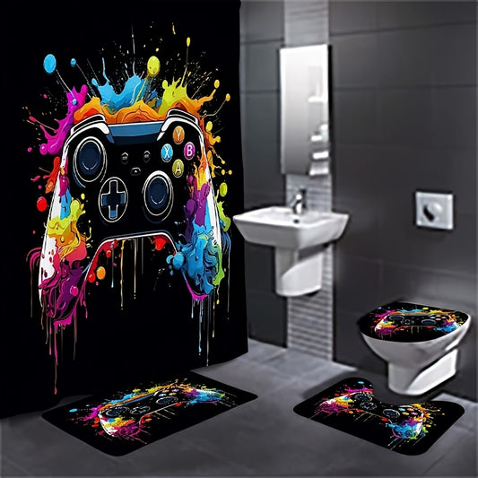 1/4pcs Game Controller Pattern Shower Curtain Four Piece Set, Including Waterproof Shower Curtain, Anti Slip Floor Mat, Toilet Seat Cover, And U-shaped Mat Shower Curtain Set, Twelve Hooks, Bathroom Accessories, Holiday Gifts