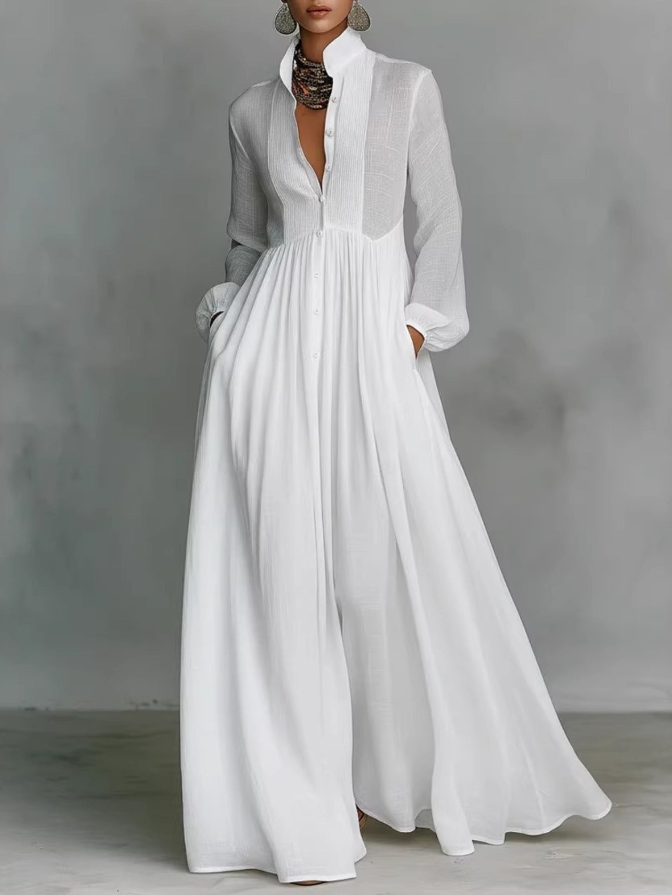 Ruffled Slim Vacation Maxi Dress Spring Summer French Elegant White Long Sleeve Dress