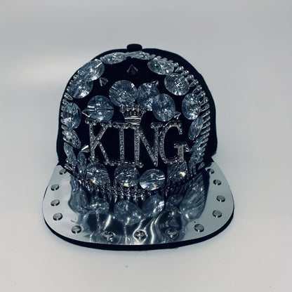 Unisex Stylish Rhinestone "KING" Baseball Cap - Lightweight Polyester, Black with Sparkling Embellishments, Perfect for Casual Outings and Parties, Statement Fashion | Edgy Baseball Cap | Metallic Accents