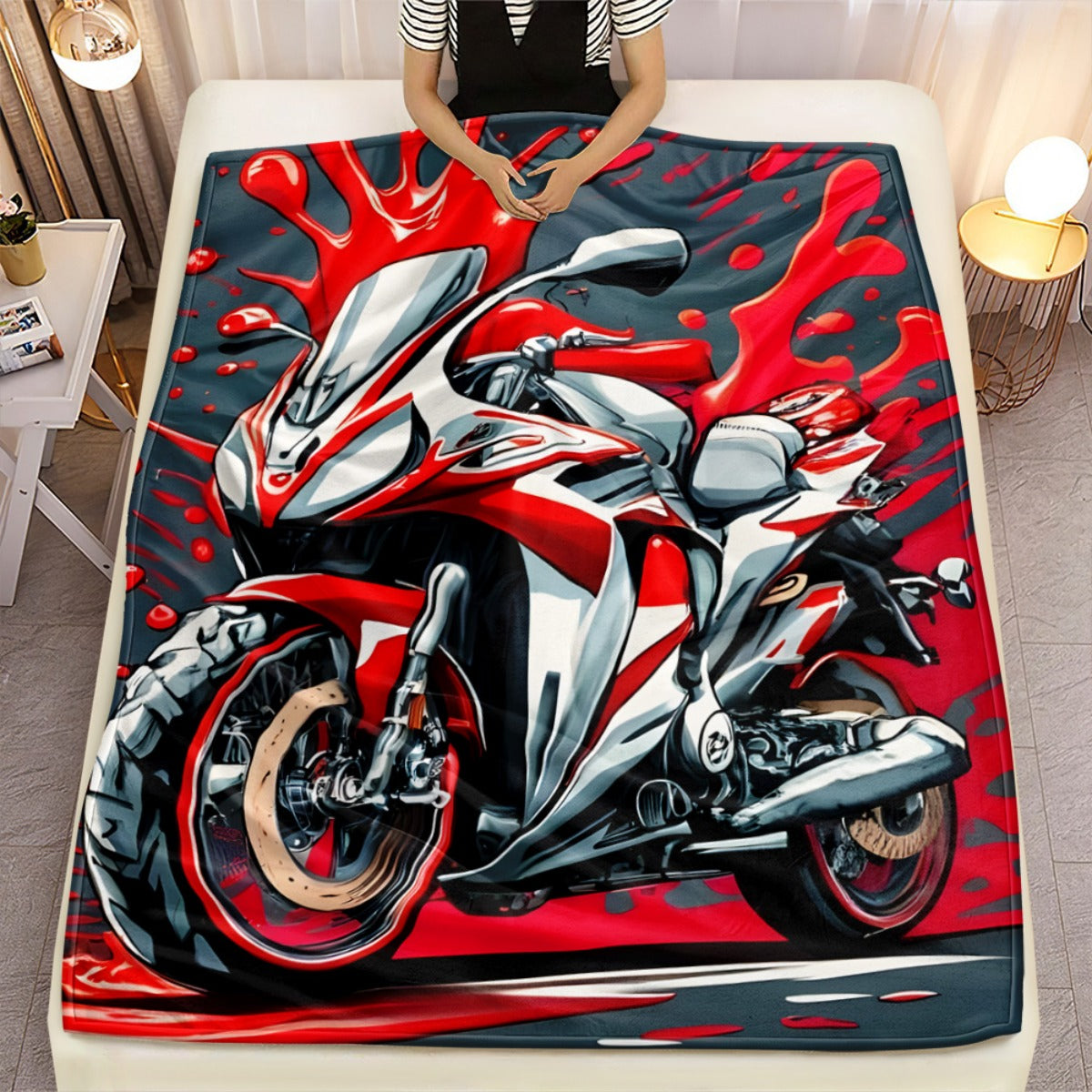 1pc Red Motorcycle HD Printed Blanket. Soft and Warm Flannel Blanket for Travel, Camping, Sofa, Livingroom, Couch, Chair, Bed. Gift for Family or Friends 280GSM 3 Sizes Available (30x40in/50x60in/60x80in)