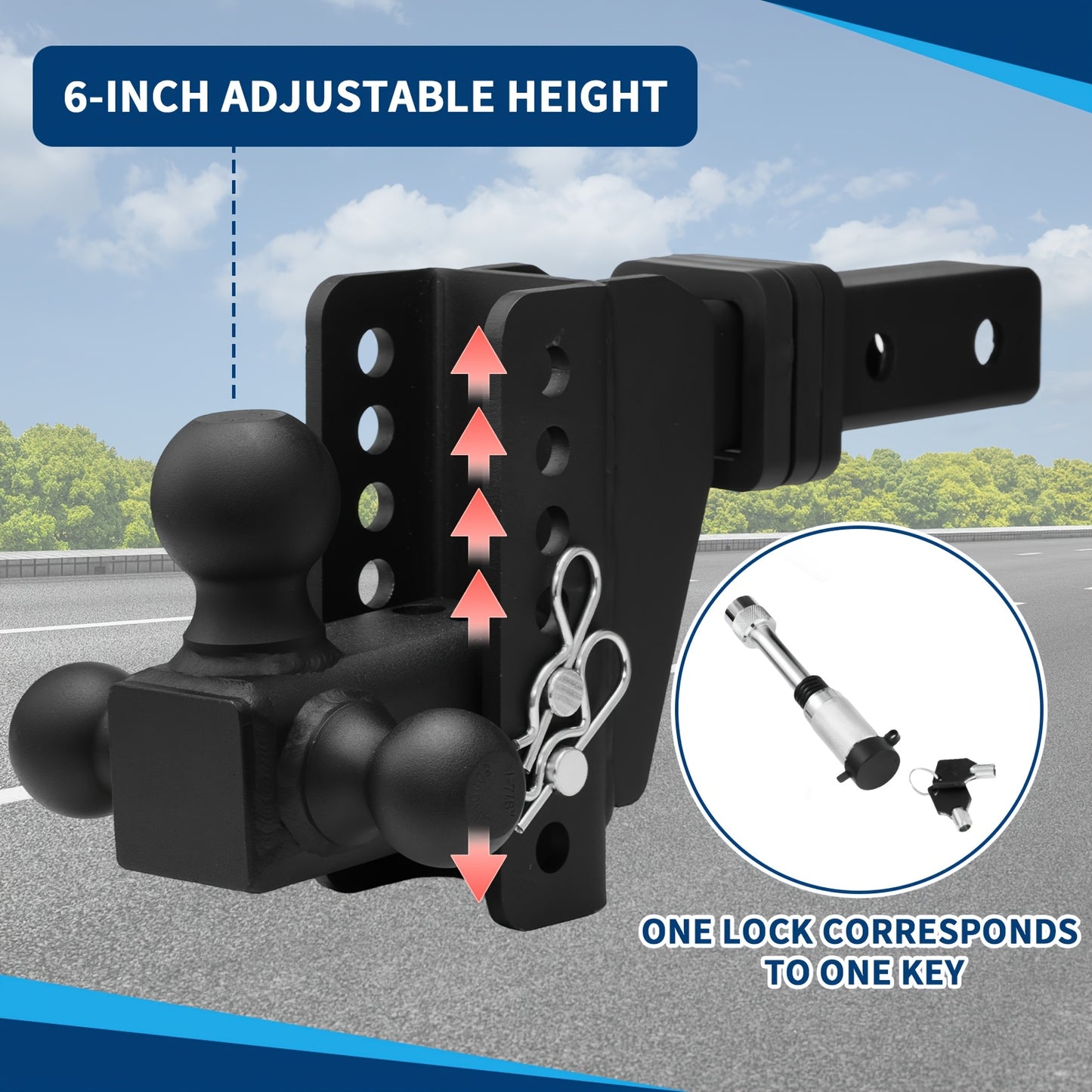 Adjustable Trailer Hitch with Tri-Ball Mount - 6" Drop/Rise, Fits 1-7/8", 2", 2-5/16" Receivers, Up to 12, 500 LBS GTW, Weatherproof Powder-Coated Finish, Double Anti-Theft Locking Pins, Ideal for RVs, Boats, and More, Traile