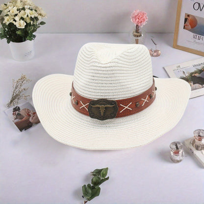 Men Women Straw Cowgirl Hat Wide Brim Stylish Bull Head Leather Belt Design Western Cap for Beach Daily Life Party