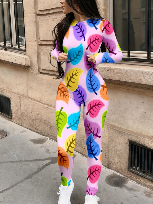 Autumn Women'S Trendy Printed Jumpsuit | Casual and Fashionable Sexy Long Sleeved Tight Jumpsuit with Geometric Pattern and Crew Neck
