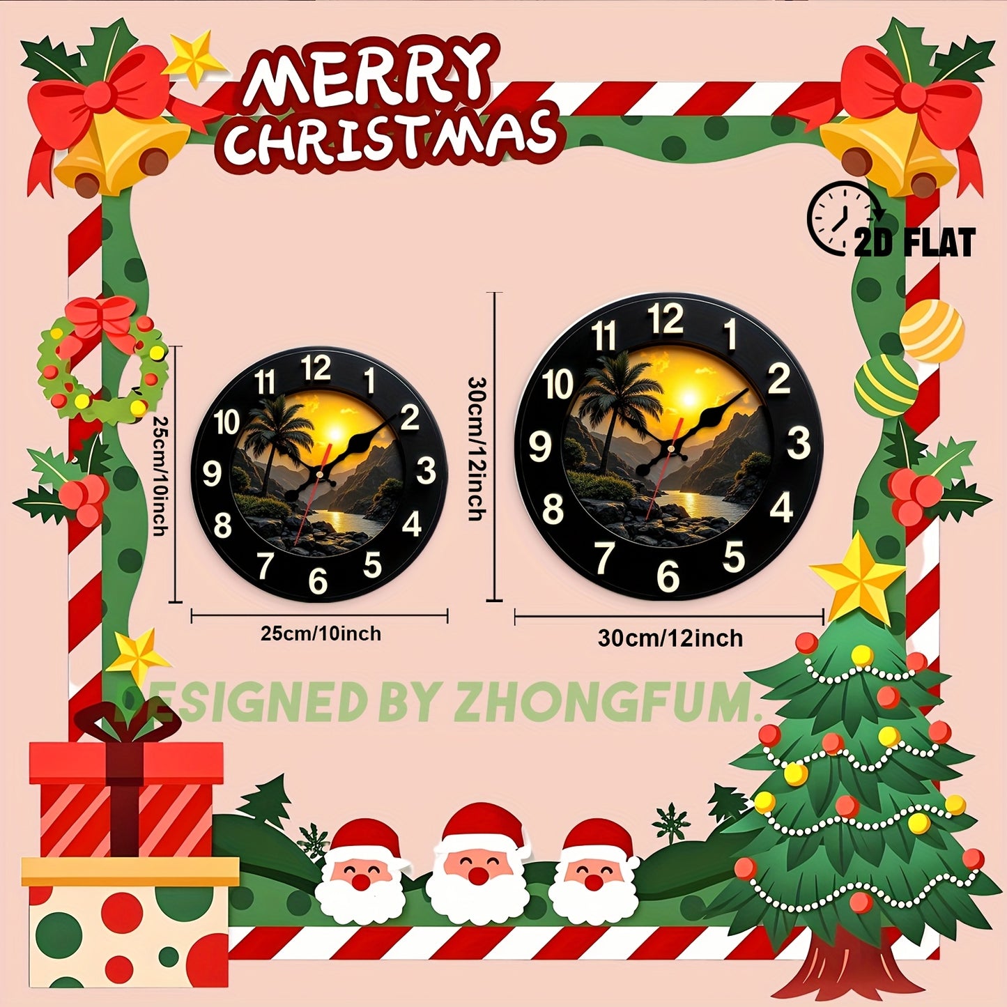 12inch Silent Wall Clock, Palm Tree, Sunset, Mountain, River. 2D FLAT Pattern Wood Non-Ticking Nursery Wall Clock, Quiet Clock for Bedroom Homes Office, Cool Stuff for Room Decor, Thanksgiving Day Christmas Holiday Decor, Bed