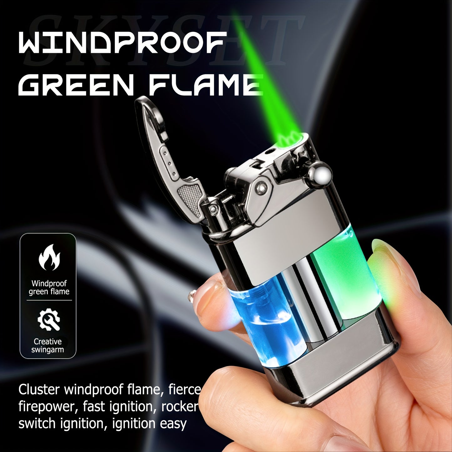 Butane Lighter with a Green Flame, a Versatile Featuring a Visible Window, Adjustable Flame Size, Wind-Resistant Design, Rocker Arm Ignition, And a Metal Casing. It'S a Stylish, Refillable Lighter That Does Not Include Butane