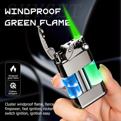 Butane Lighter with a Green Flame, a Versatile Featuring a Visible Window, Adjustable Flame Size, Wind-Resistant Design, Rocker Arm Ignition, And a Metal Casing. It'S a Stylish, Refillable Lighter That Does Not Include Butane
