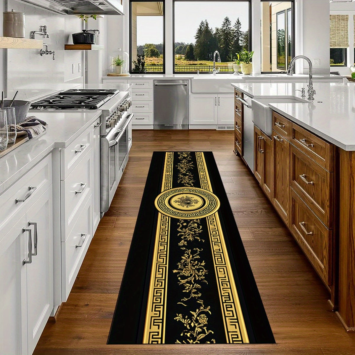 1pc HKStorage Greek Key & Medusa Printed Runner - Black & Golden Greek Key Pattern with Medusa Border, Long Entryway Hallway for High-Traffic Zones, Residential/Commercial Use, Hand Washable -like Luxury