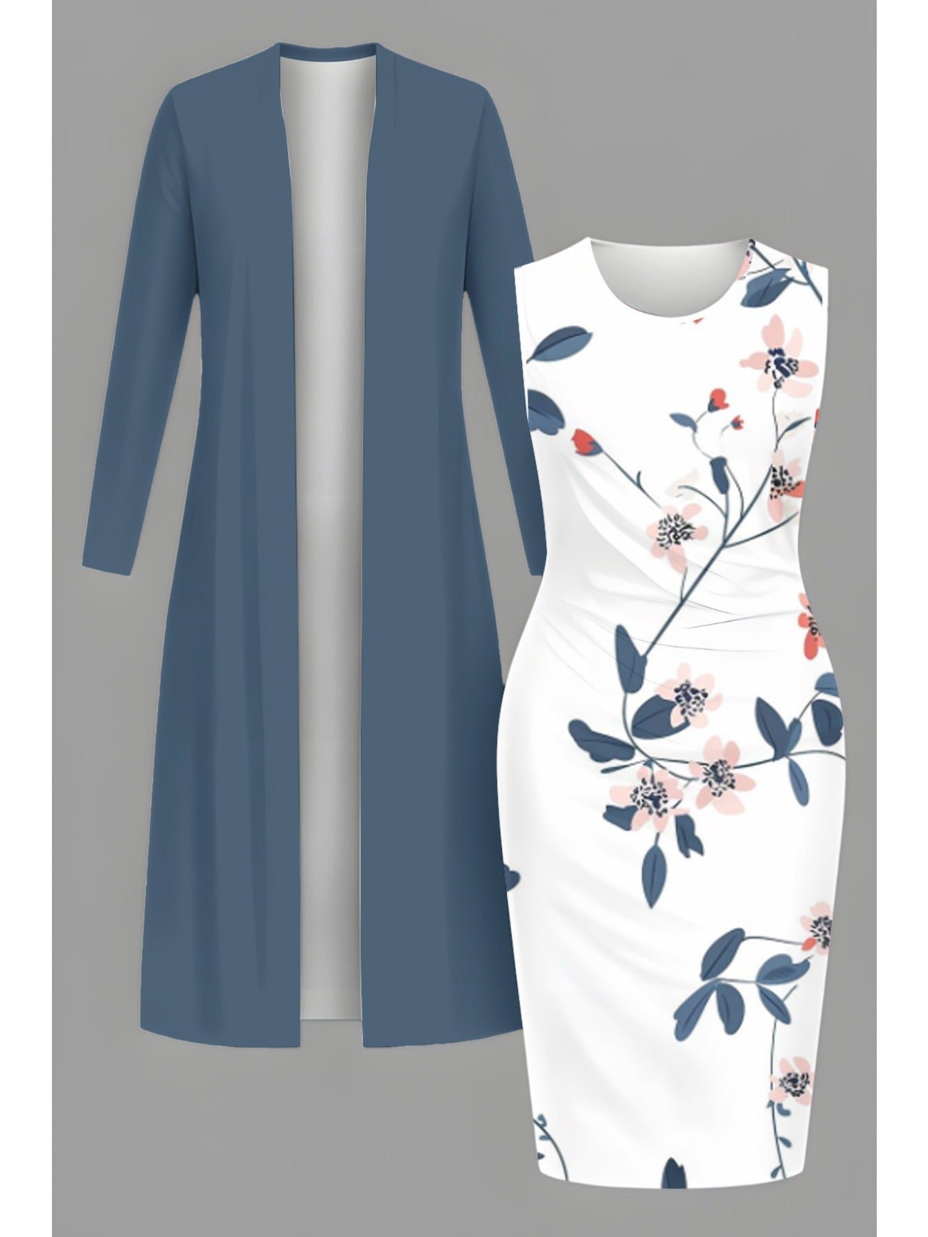 Plus Size, [Hot Item, Plus-Size Dress 2pcs Set] Fashionable, Elegant, and Classy Long Cardigan + Cinched-waist Long Dress Set. A Versatile Casual Outfit Perfect for Holidays, Creating Multiple Styles with One Set. Available i