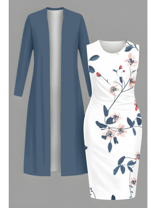 Plus Size, [Hot Item, Plus-Size Dress 2pcs Set] Fashionable, Elegant, and Classy Long Cardigan + Cinched-waist Long Dress Set. A Versatile Casual Outfit Perfect for Holidays, Creating Multiple Styles with One Set. Available i