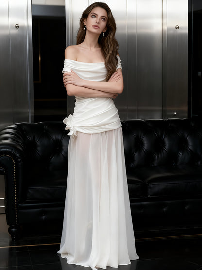 Women'S Elegant Off-the-Shoulder Mermaid/Trumpet Mermaid Long Formal Dress - Sexy Sleeveless A-Line Tulle Evening Gown with Keyhole Neckline, Solid White Floor-Length Wedding & Banquet Dress for Prom, Gala, Special Occasions