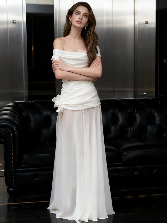 Women'S Elegant Off-the-Shoulder Mermaid/Trumpet Mermaid Long Formal Dress - Sexy Sleeveless A-Line Tulle Evening Gown with Keyhole Neckline, Solid White Floor-Length Wedding & Banquet Dress for Prom, Gala, Special Occasions