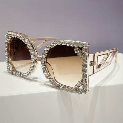 Oversized Square Luxury Rhinestone Fashion Party Photo Glasses for Women - Sparkling Light Blocking & -Eye Strain, Wide Frame Statement Glasses for Night, Prom, New Year'S Eve, Photo Shoots - Stylish Party