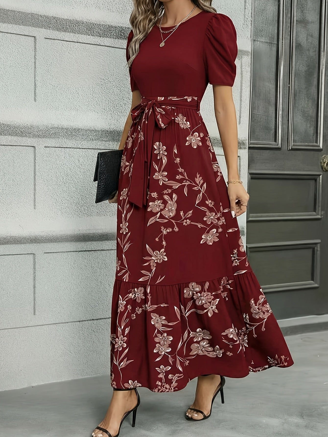 Women'S Floral Cinched-Waist Casual Long Dress, Suitable for Light Business Gatherings | Weekend Afternoon Tea And Similar Occasions, Elegant And Refined.