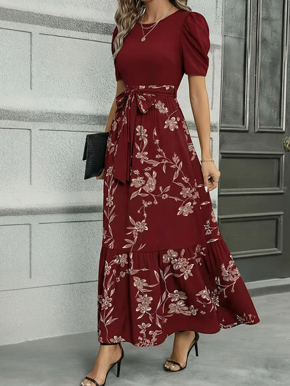 Women'S Floral Cinched-Waist Casual Long Dress, Suitable for Light Business Gatherings | Weekend Afternoon Tea And Similar Occasions, Elegant And Refined.