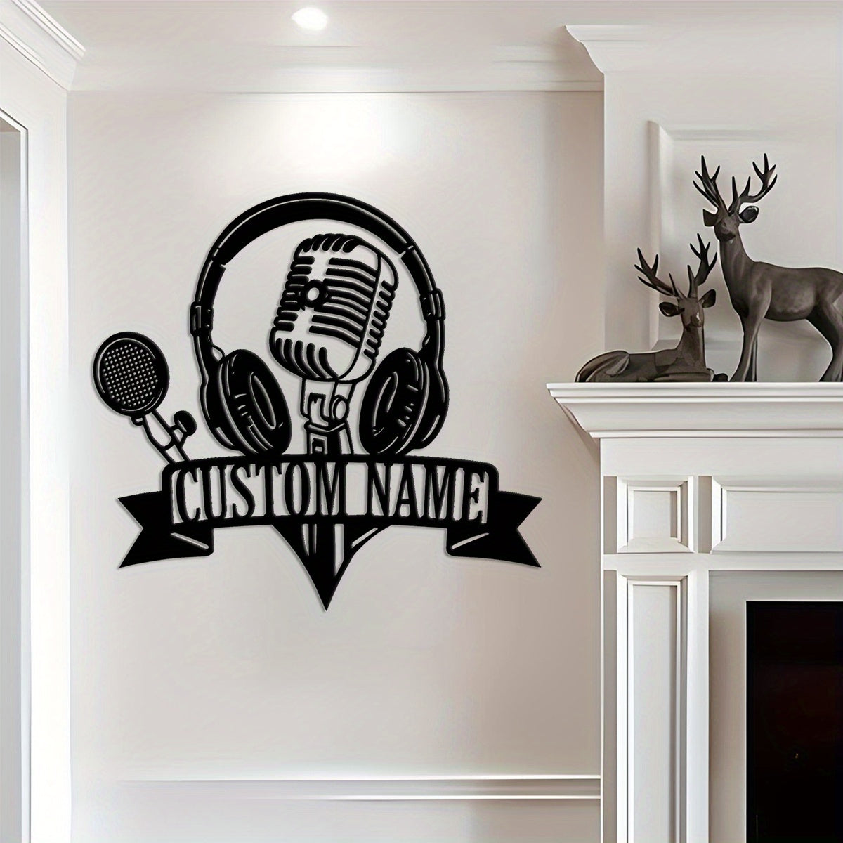 2D Flat, 1pc Customizable Metal Sign with Headphones & Microphone Silhouette Wall Art - Personalized Name Banner, Durable Iron Wall Decor for Home Studio, Living Room, Outdoor Patio - Music-Themed Decorative Accent, Metal Wal