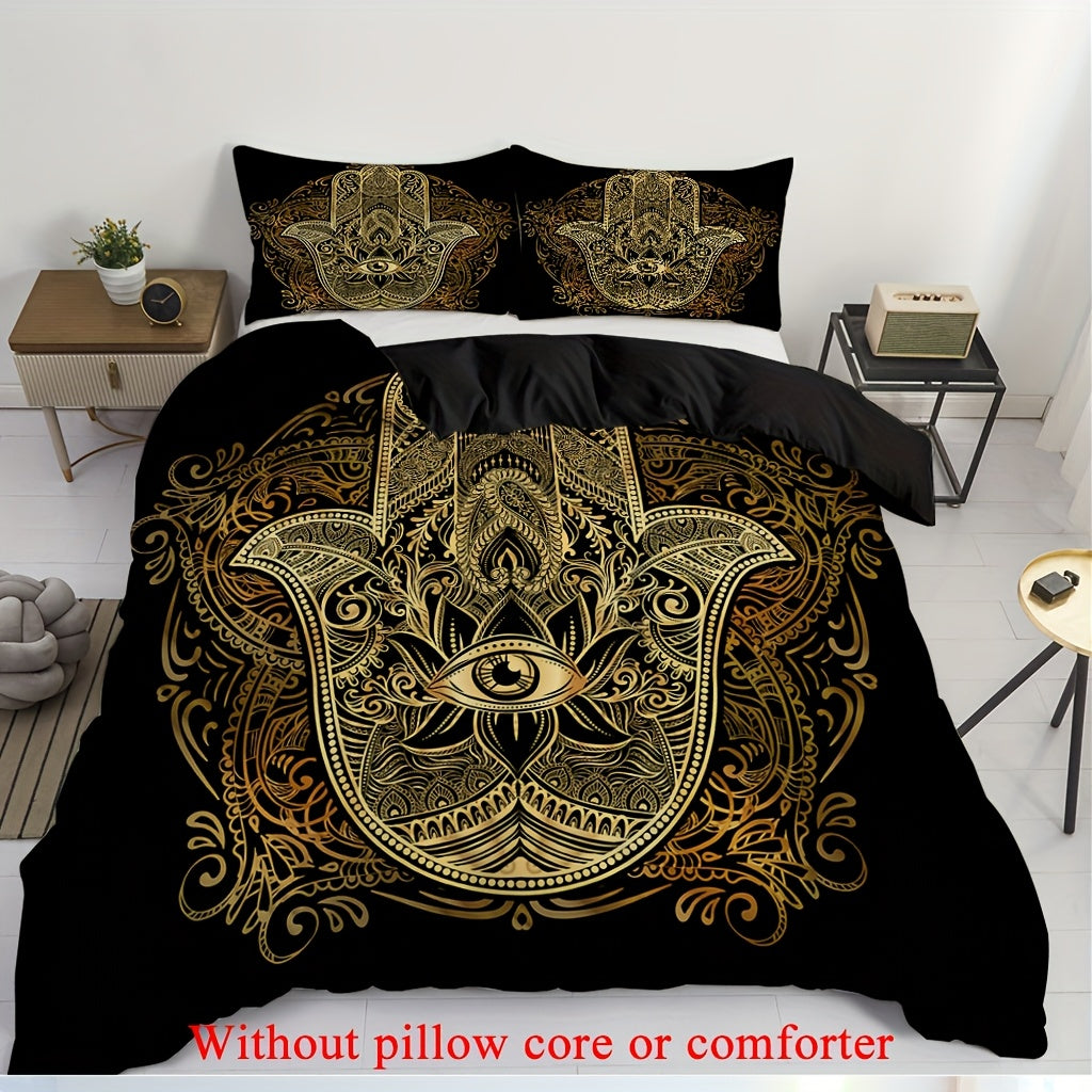 2/3pcs (1 Duvet Cover + 1/2 Pillowcase, Without Core)Mysterious Palm Eyes Striped Geometry Ancient Civilization Faith Print Soft Comfortable Bedding Set for Bedroom Dorm Room Family Gift