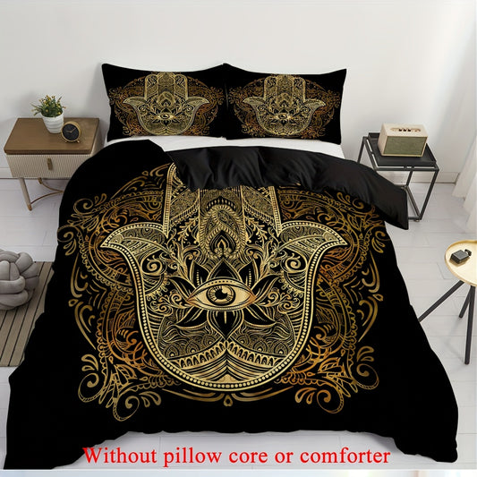 2/3pcs (1 Duvet Cover + 1/2 Pillowcase, Without Core)Mysterious Palm Eyes Striped Geometry Ancient Civilization Faith Print Soft Comfortable Bedding Set for Bedroom Dorm Room Family Gift