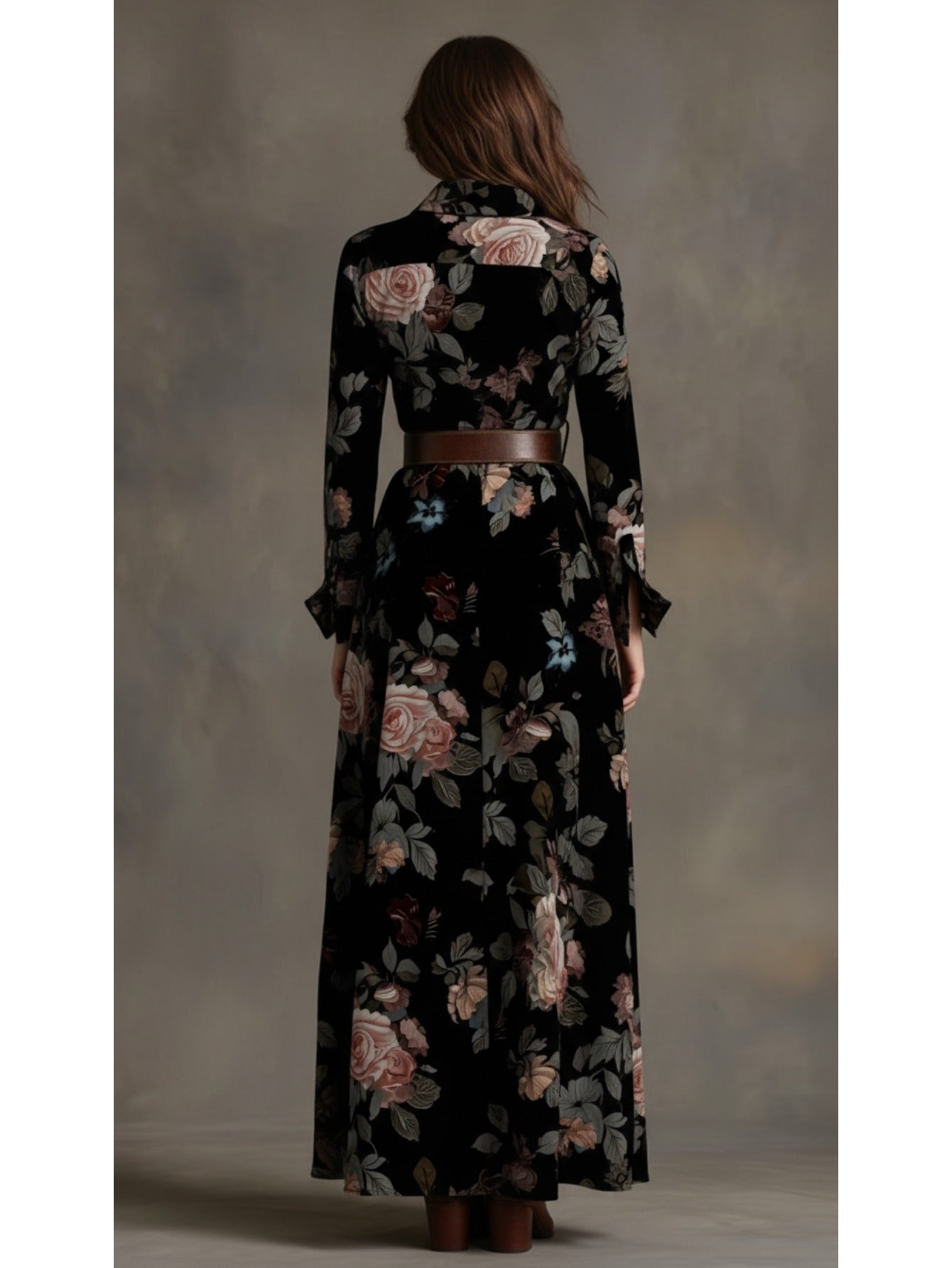Women'S Black-Based Pink & Brown Rose Print Waist-Cinched Maxi Dress | Retro Elegant Style, Suitable for Luxury Social Events, Formal Occasions, and Daily Streetwear