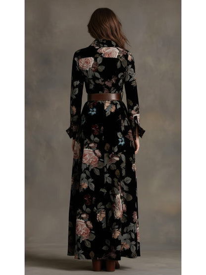 Women'S Black-Based Pink & Brown Rose Print Waist-Cinched Maxi Dress | Retro Elegant Style, Suitable for Luxury Social Events, Formal Occasions, and Daily Streetwear