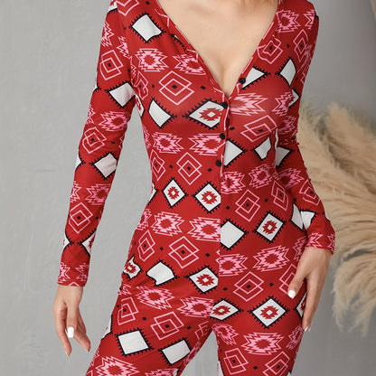 Women's Plaid V-Neck Romper - Casual Long Sleeve Jumpsuit with Elastic Yoga Waist and Button Details, Red, Polyester