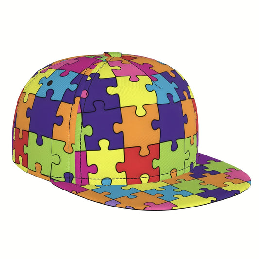 Colorful Puzzle Pattern Baseball Cap - Adjustable, Lightweight Polyester Flat Brim Hat with Vibrant Cartoon Design, Ideal for Family Gift, Mother'S Day & Father'S Day, Beach & Sports Cap|Playful Accessory|Machine Washable Hat