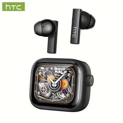 HTC NE40 Rotary Screen TWS Translator Buds Wireless 6.0 134-Language Face-to-Face Simultaneous Interpretation 48h Total Battery & 10-min Fast Charge LED Full-Color Touch Dial HiFi Audio-Travel-Call Ready Black And Grey