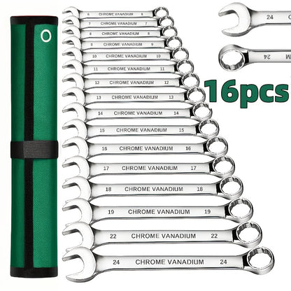 Combination Wrench Set 6-22mm Double End Wrench Set with Storage Case, Industrial Wrench, Rust-Proof Chrome Steel for Motorcycle & Bike Repair